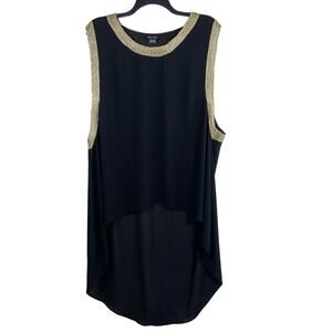 City Chic Tunic Top Women’s 24W Black Chiffon High-Low Gold Metallic Trim Blouse